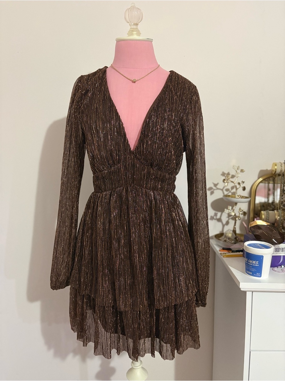 Brown Metallic Long-Sleeve V-Neck Tiered Dress